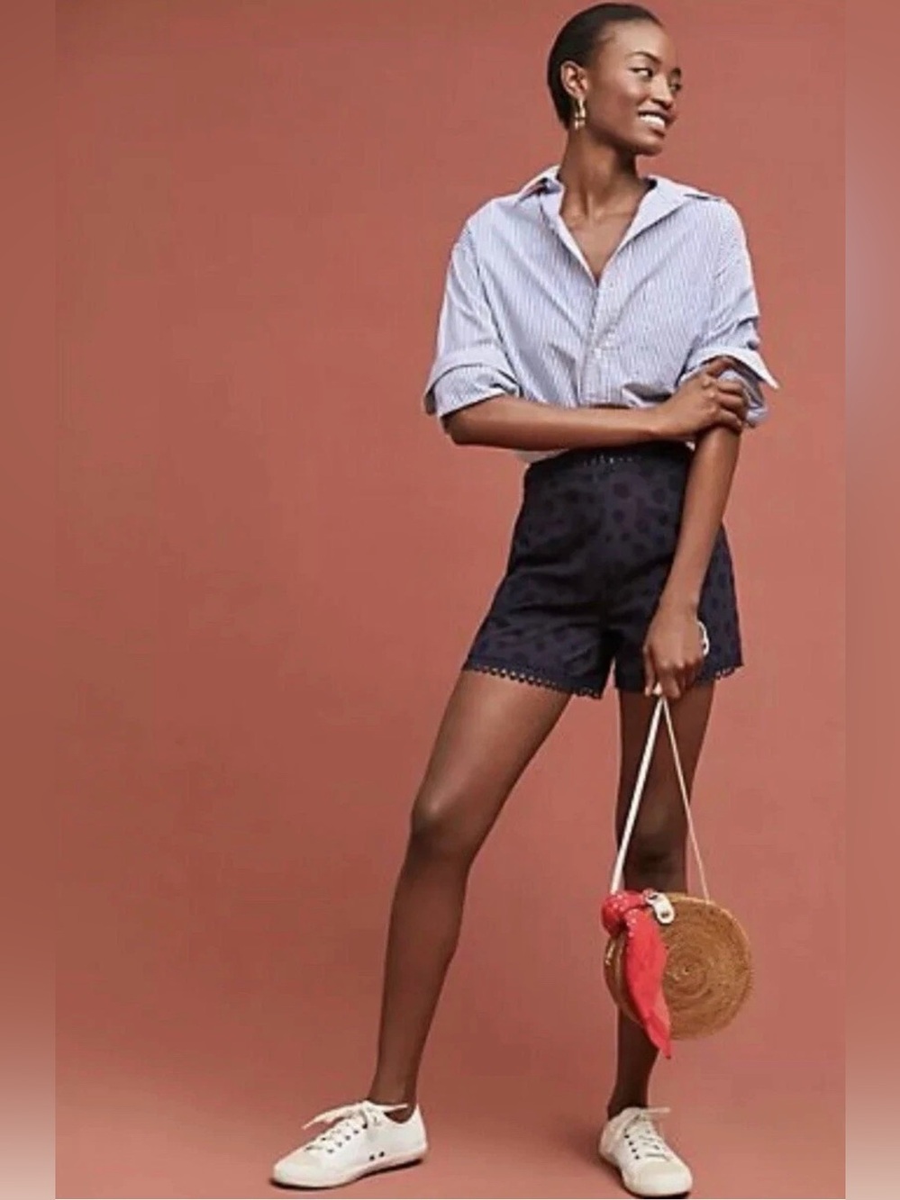 Anthropologie Shilla Navy Polka Dot High Waisted Shorts Size M